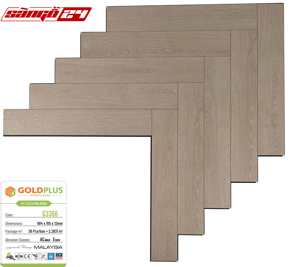 Goldplus xương cá G3366 dày 12mm cốt xanh HDF