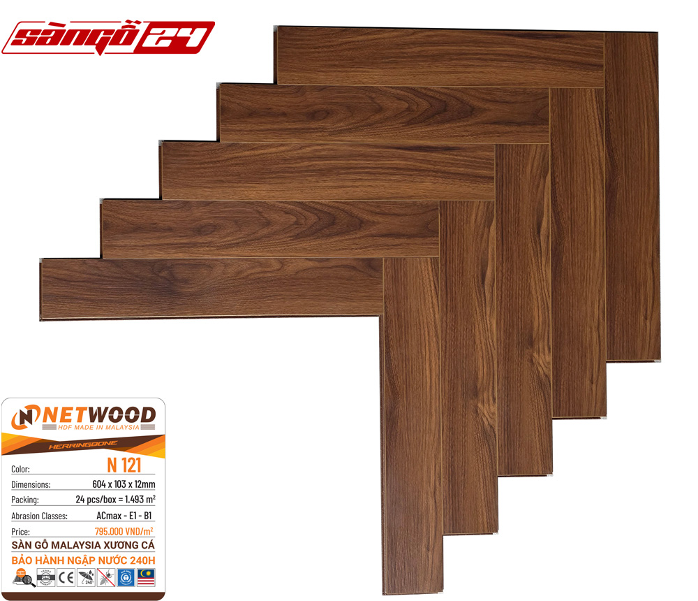 Sàn gỗ Netwood N121 - HDF Made In Malaysia - Bảo hành ngập nước 240h