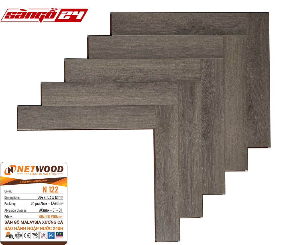 Sàn gỗ Netwood N122 - HDF Made In Malaysia - Bảo hành ngập nước 240h