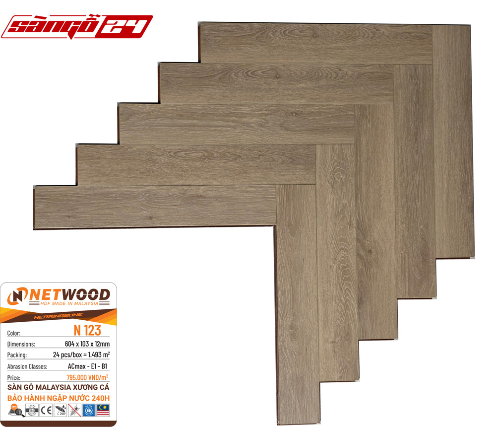 Sàn gỗ Netwood N123 - HDF Made In Malaysia - Bảo hành ngập nước 240h