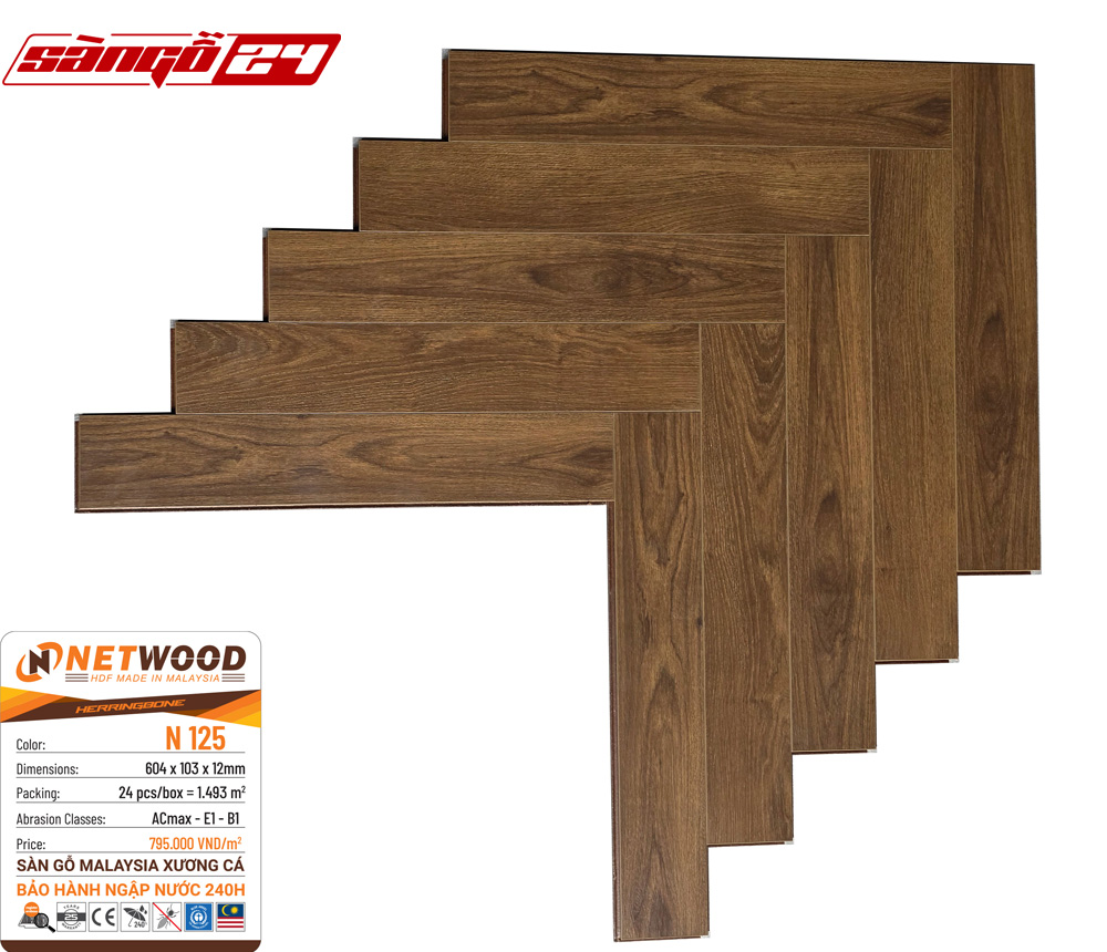 Sàn gỗ Netwood N125 - HDF Made In Malaysia - Bảo hành ngập nước 240h
