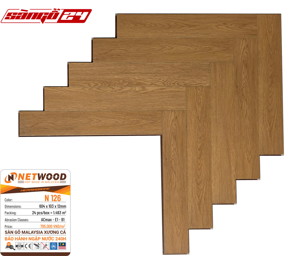 Sàn gỗ Netwood N126 - HDF Made In Malaysia - Bảo hành ngập nước 240h