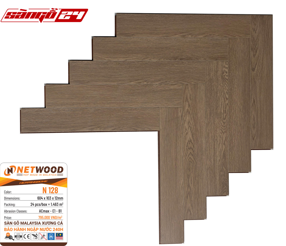 Sàn gỗ Netwood N128 - HDF Made In Malaysia - Bảo hành ngập nước 240h