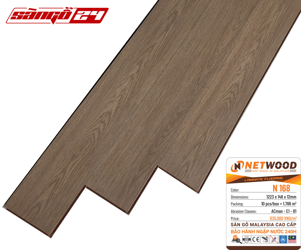 Sàn gỗ Netwood N168 - HDF Made In Malaysia - Bảo hành ngập nước 240h