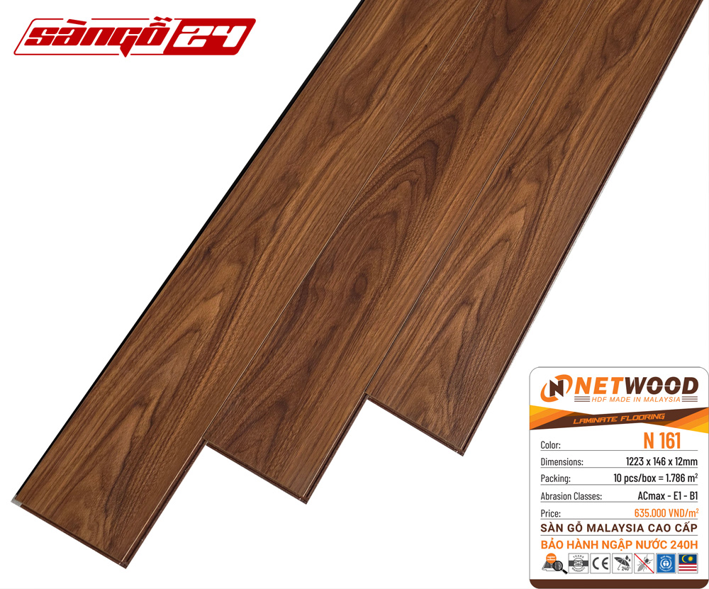 Sàn gỗ Netwood N161 - HDF Made In Malaysia - Bảo hành ngập nước 240h