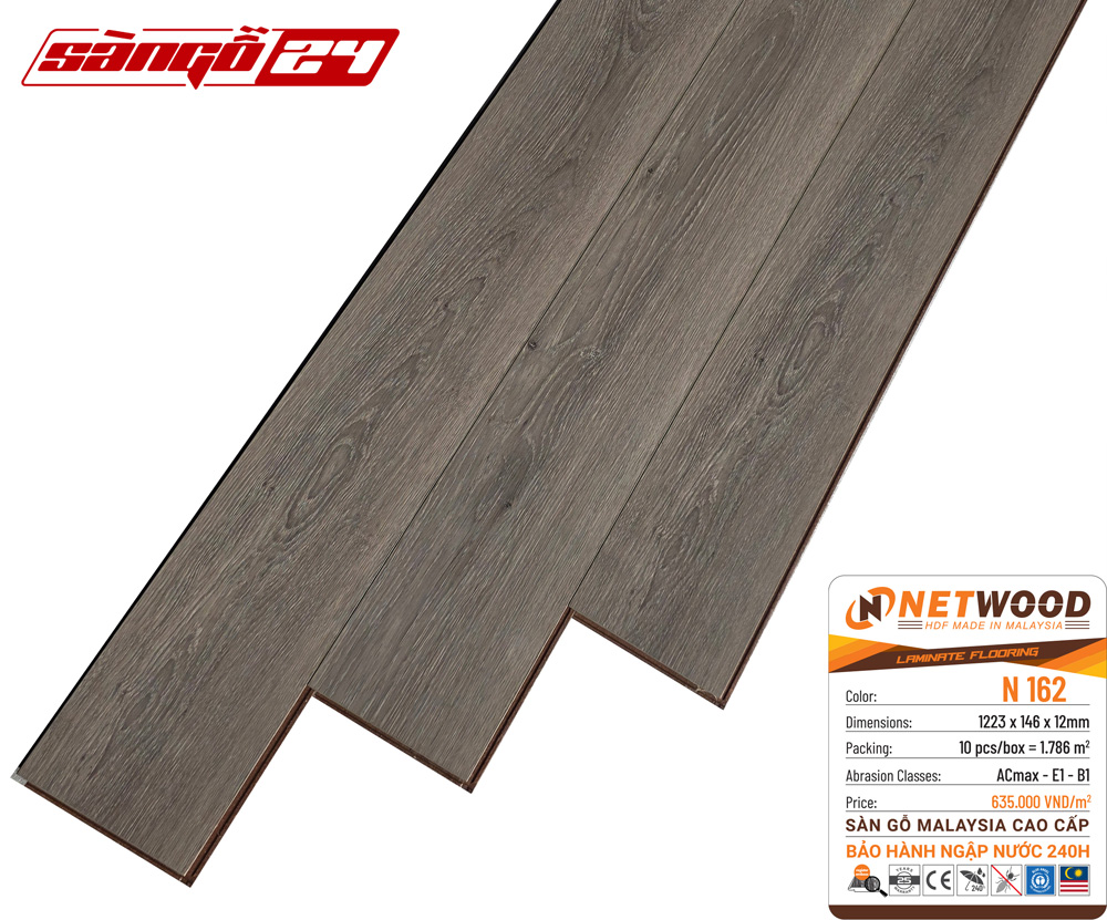Sàn gỗ Netwood N162 - HDF Made In Malaysia - Bảo hành ngập nước 240h