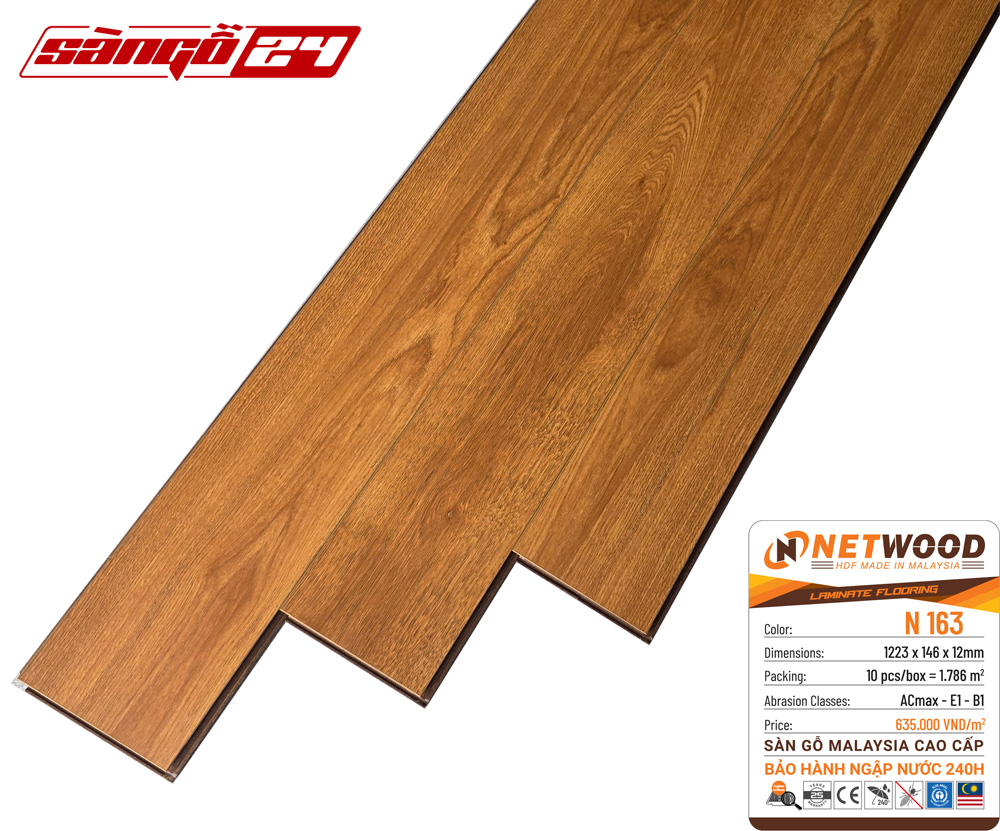 Sàn gỗ Netwood N163 - HDF Made In Malaysia - Bảo hành ngập nước 240h