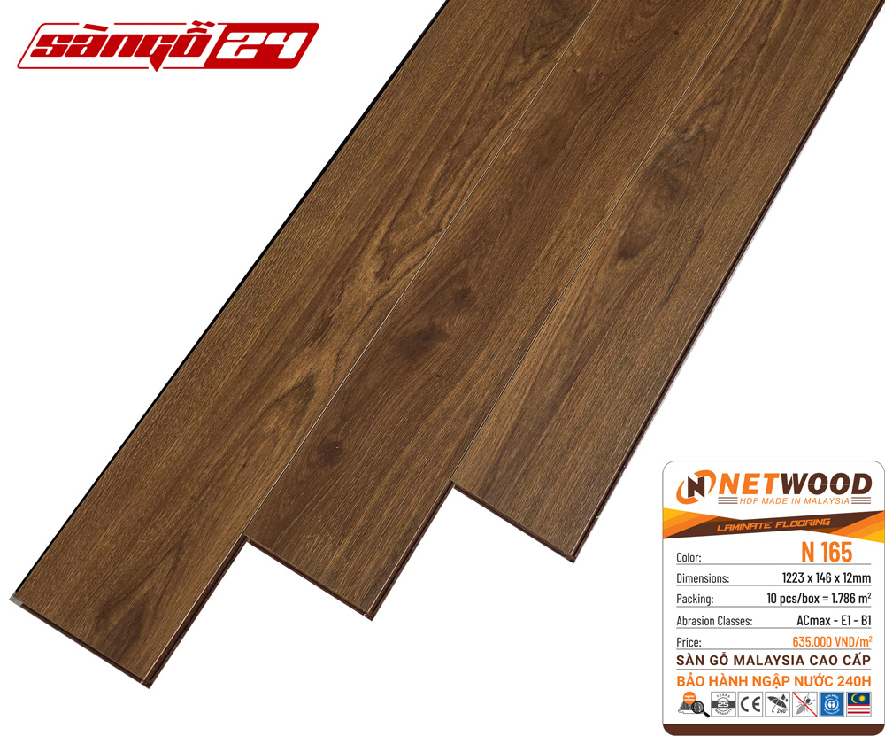 Sàn gỗ Netwood N165 - HDF Made In Malaysia - Bảo hành ngập nước 240h