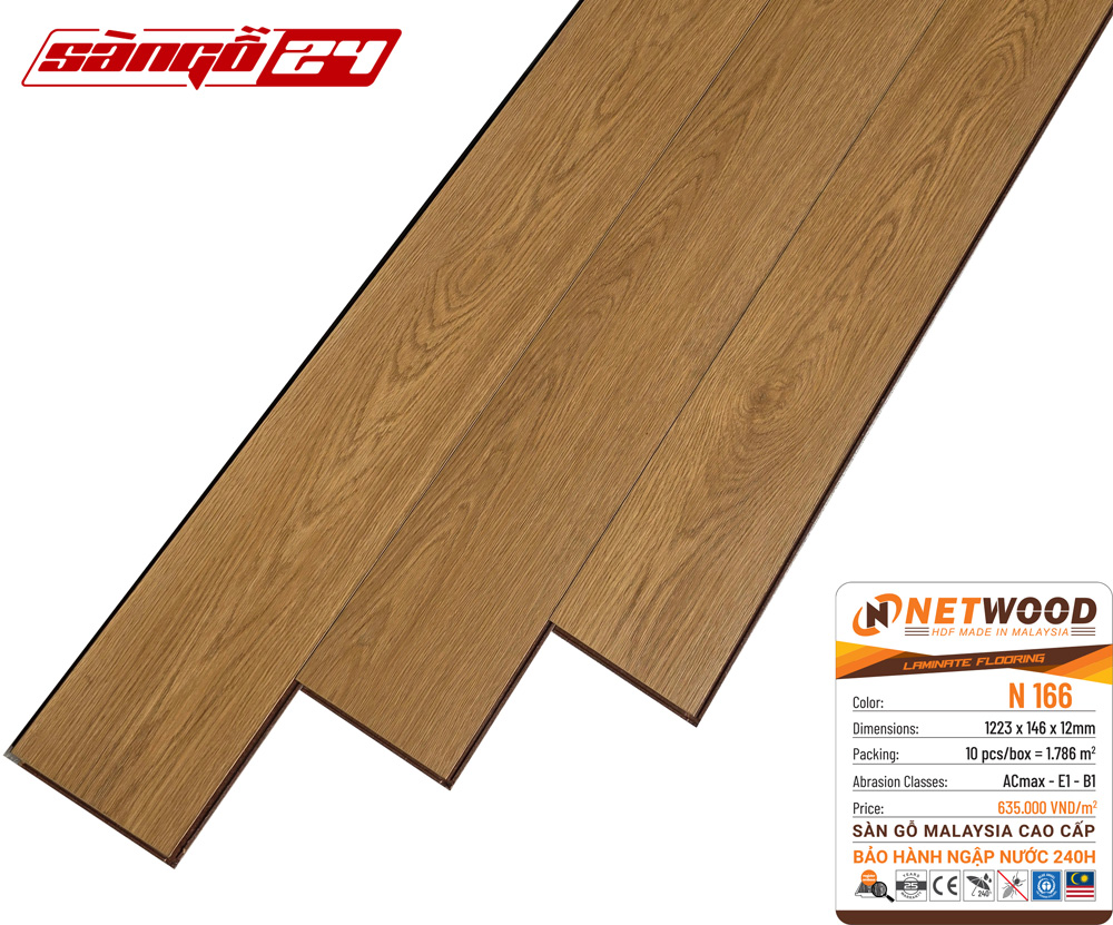 Sàn gỗ Netwood N166 - HDF Made In Malaysia - Bảo hành ngập nước 240h