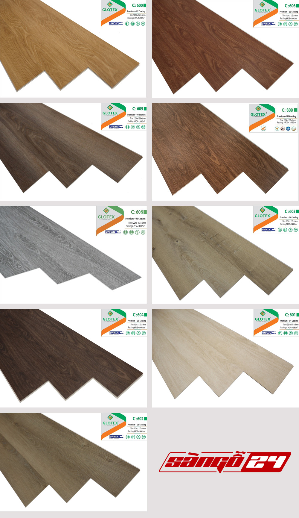 Bảng màu sàn nhựa Glotex dày 6mm hèm khóa - giá bán 295.000đ/m2