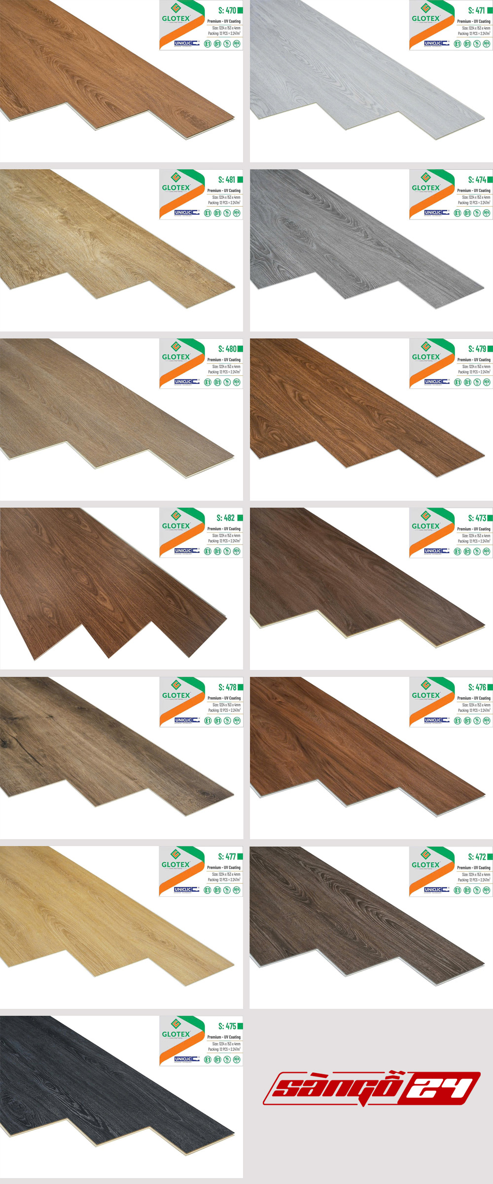 Bảng màu sàn nhựa Glotex dày 4mm hèm khóa - giá bán 230.000đ/m2